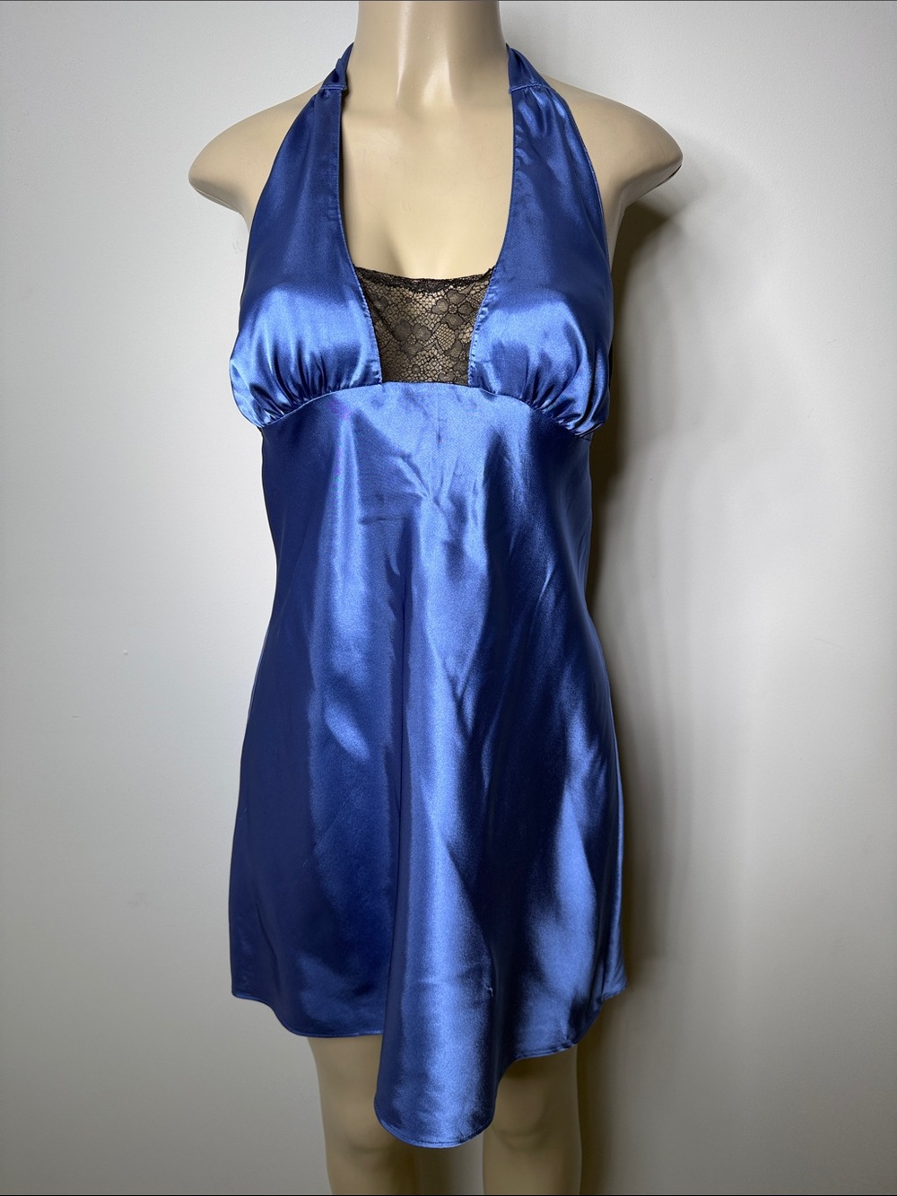 Frederick's of Hollywood Royal Blue Satin Halter Chemise with Black Lace